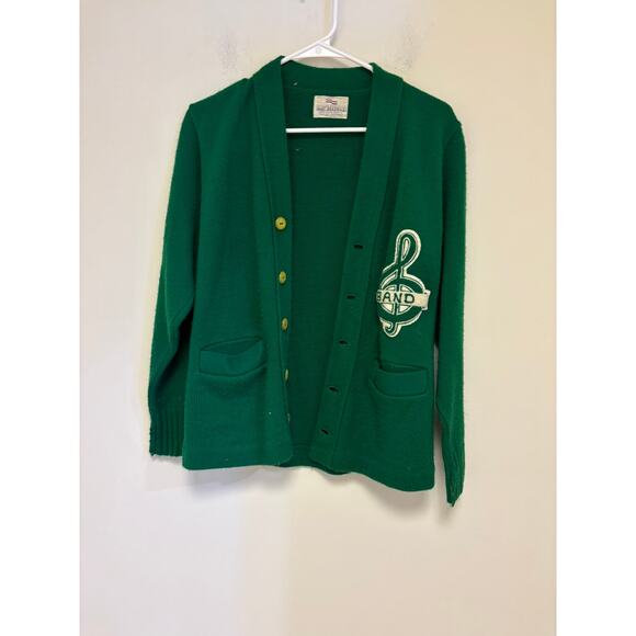 Vintage Varsity High School Green Sweater Cardigan Band 60s - Picture 2 of 5